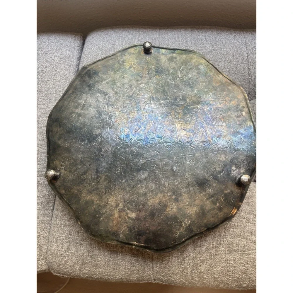VTG Moroccan silver-tone footed tray. intricate geometric and floral engravings